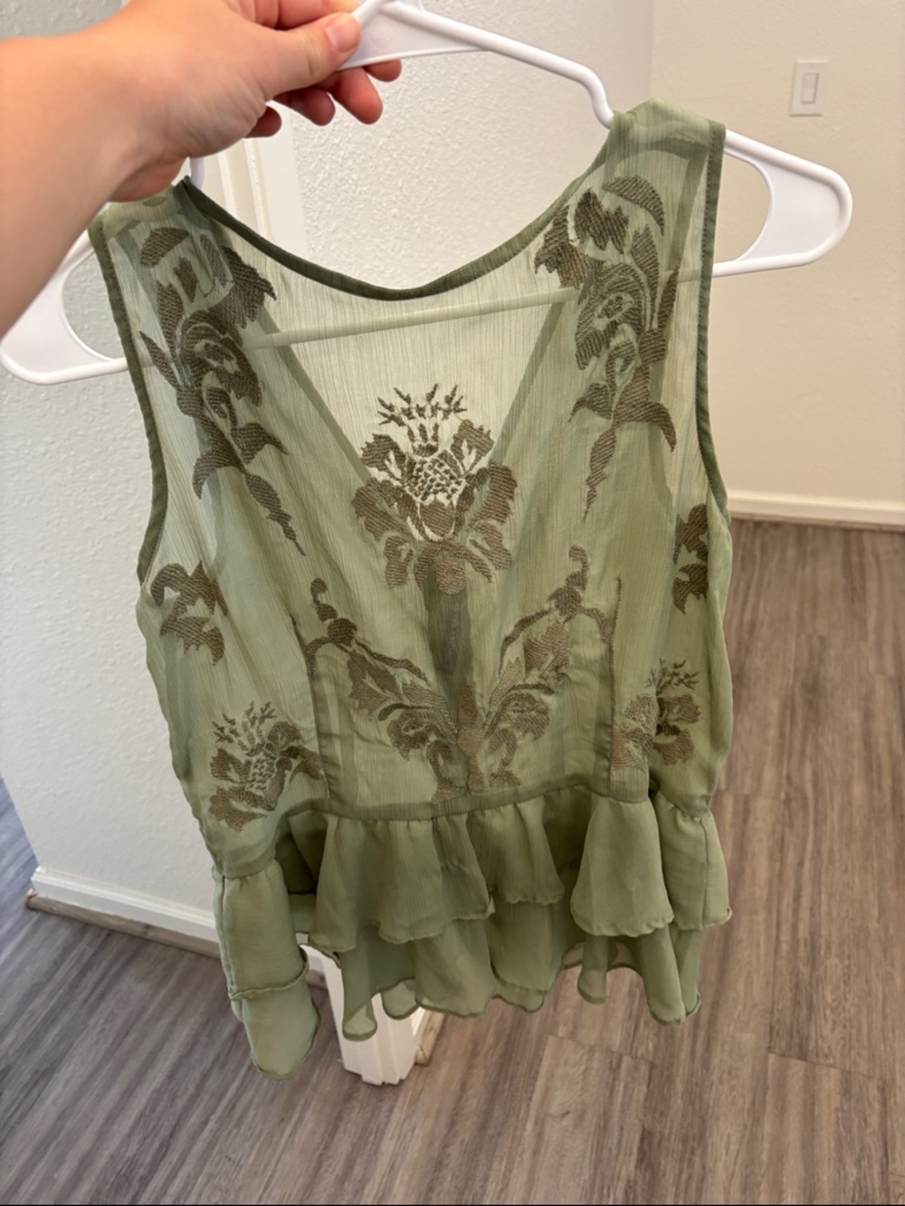 Walter Baker Olive Green Floral Sheer Peplum Tank